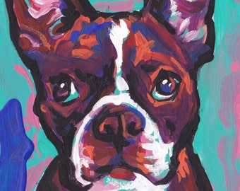 brown Boston Terrier portrait print of pop art dog painting bright colors 8.5x11" LEA