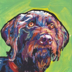 May include: A colorful painting of a brown and black dog with a green background. The dog's fur is painted in shades of purple, blue, and brown. The dog's eyes are brown and the nose is pink.