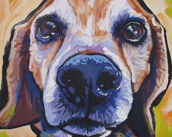 BEAGLE dog art portrait print of pop art painting bright colors 8x8"