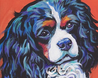 tricolor Cavalier King Charles Spaniel portrait Dog art print of modern art pop art painting bright colors 12x12"
