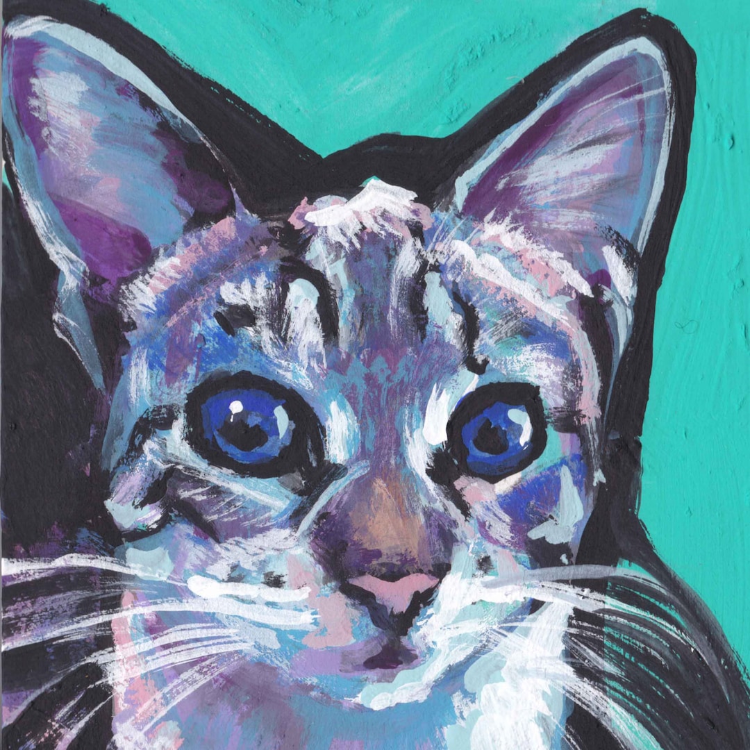 Tabby Kitty Cat Portrait Art Print of Bright Colorful Pop Art Painting ...