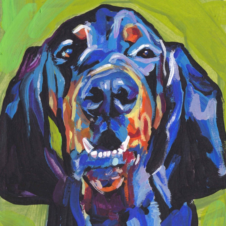 Black and Tan COONHOUND portrait PRINT of modern colorful pop art painting 12x12 image 1
