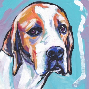 May include: A colorful painting of a dog's face, featuring a white, orange, and black coat. The dog has a black nose and dark eyes, set against a blue and purple background. The artwork is a close-up portrait.