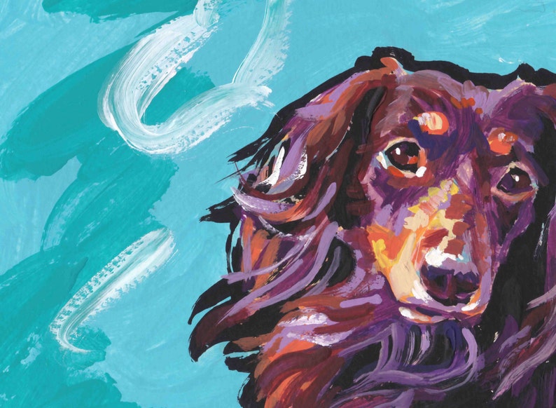 long haired chocolate Dachshund portrait art print og modern Dog pop art painting bright colors 13x19 image 1
