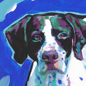 May include: A painting of a dog's face. The dog is a white and black breed with a black nose and brown eyes. The background is a blue and green abstract design.