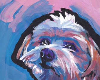 Morkie maltese yorkie portrait art print of pop dog painting bright colors 8x8"  LEA