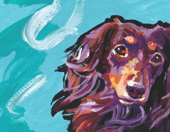 Long Haired Chocolate Dachshund Portrait Art Print Of Modern Etsy