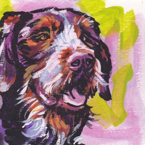 May include: A colorful painting of a dog's head. The dog has brown, white, and black fur. The background is a mix of pink, green, and yellow.