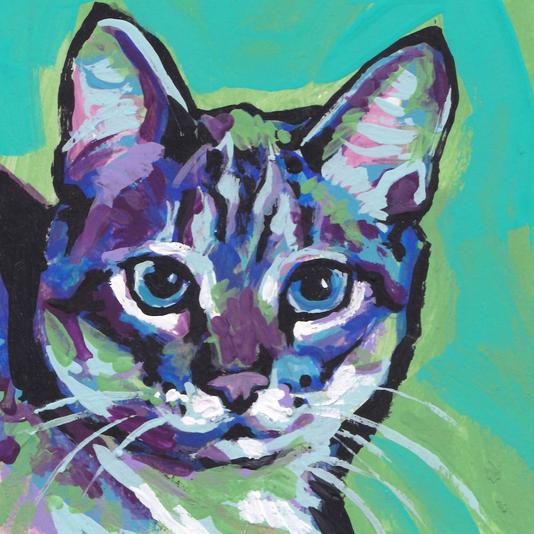 TABBY CAT Portrait Art PRINT of Bright Colorful Pop Art Painting 12x12 ...