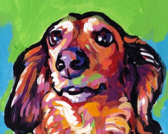 long haired Red Dachshund portrait print of pop art painting 12x12
