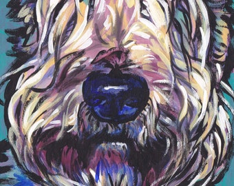 May include: A close-up painting of a white dog's face. The dog's nose is black and blue, and the fur is painted in shades of white, yellow, and purple.