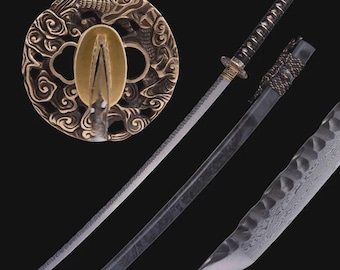 Handmade Damascus Katana Real: Handforged Full Tang Japanese Samurai Katana Dragon Sword for Men