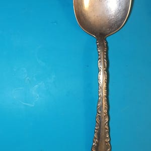 Op de afbeelding: Een zilverkleurige metalen lepel met een langwerpige, ovale kom en een slanke steel. De steel is versierd met een verhoogd, krullend reliëfpatroon dat zich uitstrekt van de hals tot aan het afgeronde, uitlopende uiteinde van de lepel.