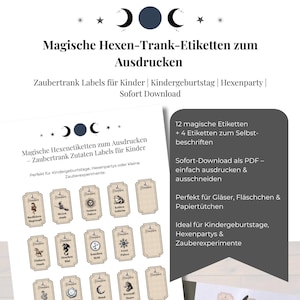 Könnte beinhalten: Druckbare magische Zaubertrank-Etiketten für Kinder. Die Etiketten zeigen Illustrationen von magischen Zutaten und sind für Kinderpartys und Zaubertrank-Experimente gedacht. Enthält 12 magische Etiketten und 4 zum Selbstbeschriften. Als PDF zum Download.