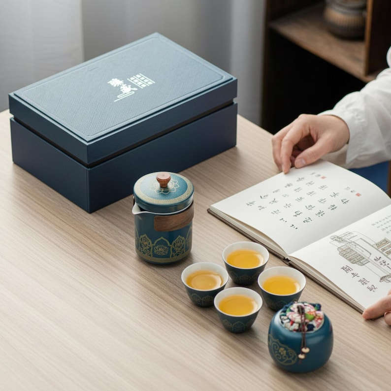 Peut inclure: Un service &agrave; th&eacute; bleu sarcelle avec une bo&icirc;te assortie, un infuseur &agrave; th&eacute;, quatre petites tasses et un r&eacute;cipient d&eacute;coratif. L'ensemble &agrave; th&eacute; est pos&eacute; sur une surface en bois clair. Les tasses &agrave; th&eacute; sont remplies de th&eacute;. Une personne tient un livre.