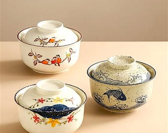 Japanese Retro Ramen Bowl with Lid • Large Ceramic Noodle Bowl • Soup & Salad Bowl • Household Kitchen Tableware • Minimalist Dinnerware