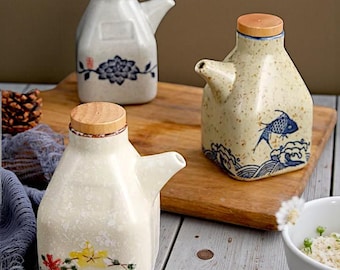 Japanese Ceramic Sauce Dispenser • Sauce & Vinegar Bottle • Mini Olive Oil and Cooking Oil Dispenser • Kitchen Tableware • Pouring Bottle