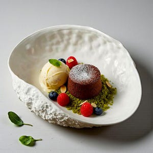 May include: A white, textured serving dish holds a chocolate lava cake dusted with icing sugar, vanilla ice cream, fresh raspberries, blueberries, and a sprig of mint. The dessert sits on a bed of green crumbs, with almond slivers.