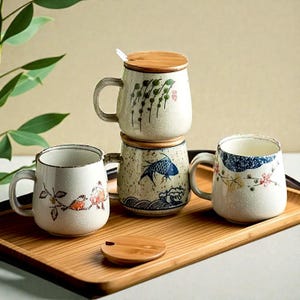 Tasse à café rétro japonaise en céramique • Tasse à thé et à lait avec couvercle et cuillère • Cuisine esthétique • Idée cadeau