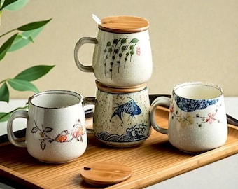 Tasse à café rétro japonaise en céramique • Tasse à thé et à lait avec couvercle et cuillère • Cuisine esthétique • Idée cadeau
