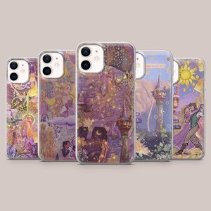 May include: Five phone cases with colourful illustrations. The cases feature images of a princess, a tower, and a couple dancing. The cases have a clear border and are set against a neutral background.