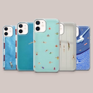 May include: Five phone cases with different designs. One case shows a swimming pool lane design, another has a solid teal colour, and a third has a light blue background with swimmers. The other two cases have swimmers and a pool design.
