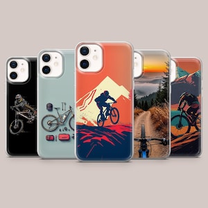 May include: Five phone cases showcasing mountain biking themes. Each case displays a unique illustration, such as a cyclist on a bike, a bicycle with tools, and a mountain landscape. The cases have transparent borders.
