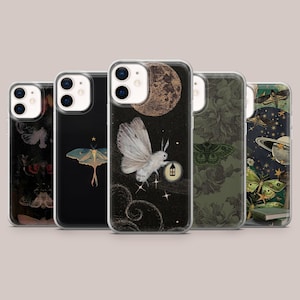 May include: A collection of five phone cases with unique designs. The cases feature illustrations of moths, butterflies, and celestial elements like the moon and stars. The color palette includes black, green, and white.