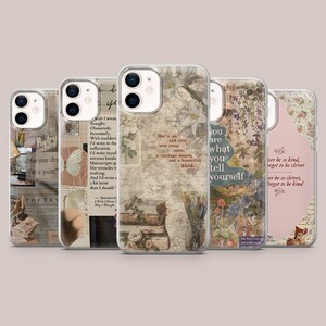 May include: A selection of phone cases with vintage designs. Each case displays unique artwork, including floral patterns, quotes, and illustrations. The cases feature a variety of colours, including beige, pink, and green. The cases are designed to fit a smartphone.