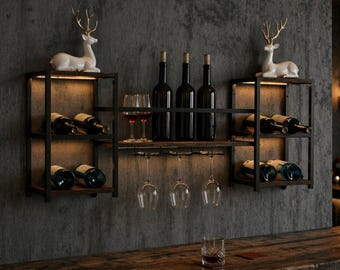 Industrial  Wine Rack, Wall Mounted Liquor Shelf with Glass Holder, Rustic Home Bar Storage, Wine Bottle Organizer, Modern Bar Decor