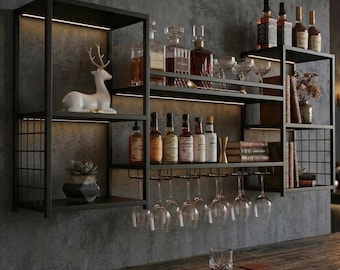 Industrial Metal Wine Rack, Wall Mounted Liquor Shelf with Glass Holder, Rustic Home Bar Storage, Wine Bottle Organizer, Modern Bar Decor