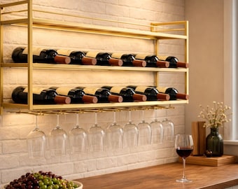 Wall Mounted 3 Tier Wine Rack with Glass Holder,Gold Metal Bar Shelf,Wine Storage Organizer Modern Home Bar Decor,Wine Gift,Industrial Style