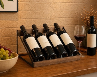 Industrielles Weinregal aus Holz, Arbeitsplatten-Weinflaschenhalter, freistehende Weinlagerung, rustikale Küchenbardekoration, Geschenk für Weinliebhaber, Tischplatte
