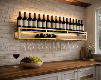 Wall Mounted Wine Rack with Glass Holder, Industrial Wine Storage Shelf, Rustic Home Bar Decor, Space Saving Liquor Rack, Wine Lover Gift