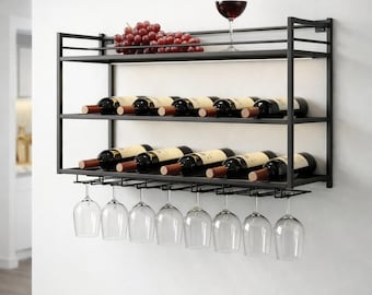 An der Wand befestigtes Weinregal mit Glashalter für 12 Flaschen 7 Gläser Metallweinregalregal für Hausbar-Küchenwand-Aufbewahrungs-Organizer