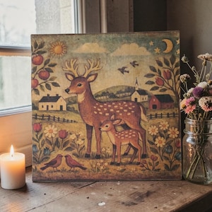Peut inclure: Impression sur toile carrée représentant un cerf et un faon dans un paysage champêtre. L'œuvre comprend une église, une grange rouge, des oiseaux, des fleurs, et un soleil et une lune. La palette de couleurs comprend des nuances de marron, de vert et de crème.