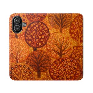May include: A rectangular phone case featuring a repeating pattern of stylized trees in shades of orange, yellow, and deep brown. The design includes circular and leaf-shaped tree crowns with intricate textures. A dual camera cutout is in the corner.