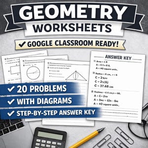 May include: Geometry worksheets with diagrams and a step-by-step answer key. The image includes 20 problems and is Google Classroom ready. A calculator, pencil, and paperclips are also visible.