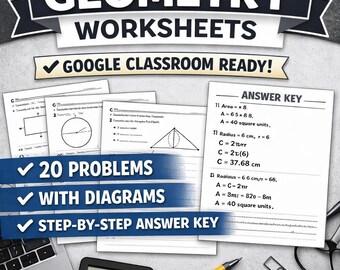 Geometrie Arbeitsblätter | Google Classroom Bereit | 20 Geometrie Probleme mit Diagramm | Schritt-für-Schritt Lösungsschlüssel | Digitales PDF