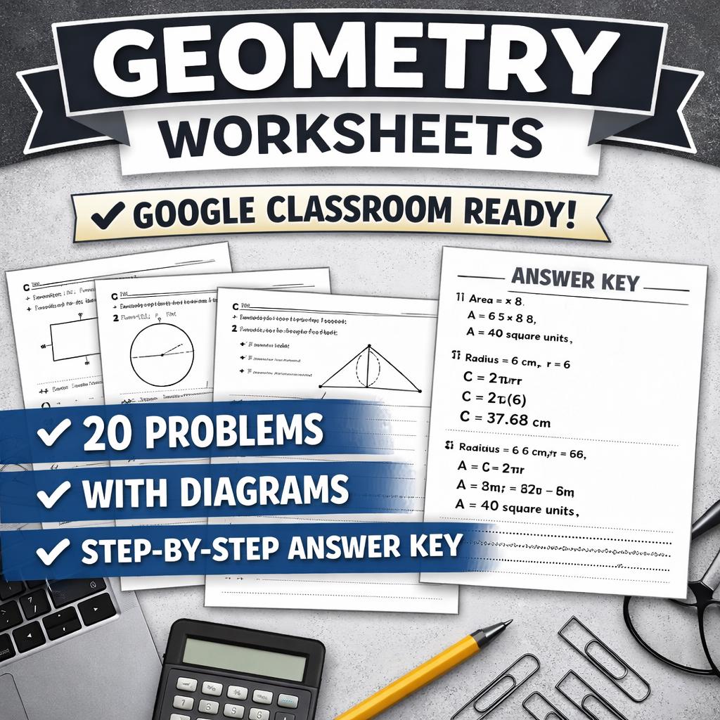 Geometry Math Problem Diagram Geometry Worksheets | Google Classroom Ready | 20 Geometry Problems ...