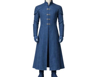Men’s Royal Blue Medieval Long Coat – Fantasy Noble Fabric Overcoat with Metal Closures