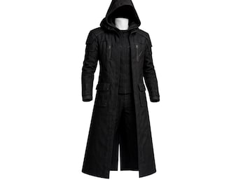 Men’s Black Hooded Tactical Long Coat – Modern Stealth Fabric Trench Coat