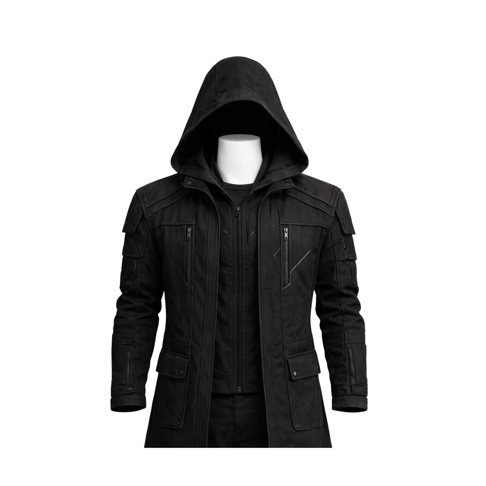 Men's Black Hooded Tactical Long Coat – Modern Stealth Fabric