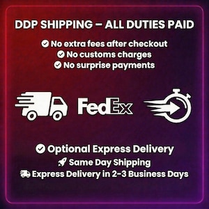 May include: A graphic with text about shipping services. The text reads "DDP SHIPPING - ALL DUTIES PAID" and lists benefits like no extra fees and no customs charges. Includes the FedEx logo, a truck icon, and a stopwatch icon. Also mentions optional express delivery and same-day shipping.