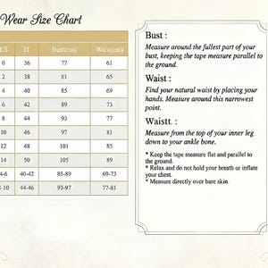 May include: A size chart for women's clothing, with measurements in centimeters and inches. The chart includes bust, waist, and inseam measurements, along with corresponding sizes for various international sizing systems.