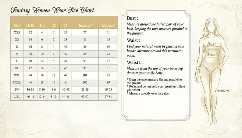 May include: A size chart for women's clothing, with measurements in centimeters and inches. The chart includes bust, waist, and inseam measurements, along with corresponding sizes for various international sizing systems.