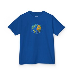 May include: A royal blue short-sleeve t-shirt featuring a graphic of a cube-shaped Earth in shades of blue and yellow, outlined in thin white lines. The shirt has a crew neckline and the text LINDEN TREE printed inside the collar area.
