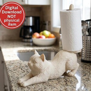 May include: A light beige cat-shaped paper towel holder with a textured finish, featuring a feline in a stretching pose. The product includes a vertical post for holding a roll of paper towels. A red circular graphic states Digital Download NOT physical item.