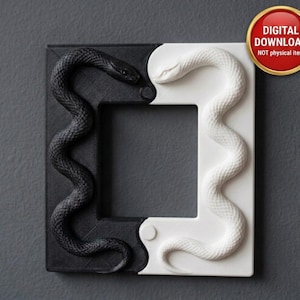May include: A square, two-toned frame with a black and white yin-yang design. Each side features a detailed snake sculpture. The frame is a digital download, not a physical item. The snakes are positioned to face each other.
