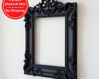 May include: A black rectangular picture frame with ornate detailing. The frame has a decorative top and floral accents on the corners and sides. The frame is against a white wall.